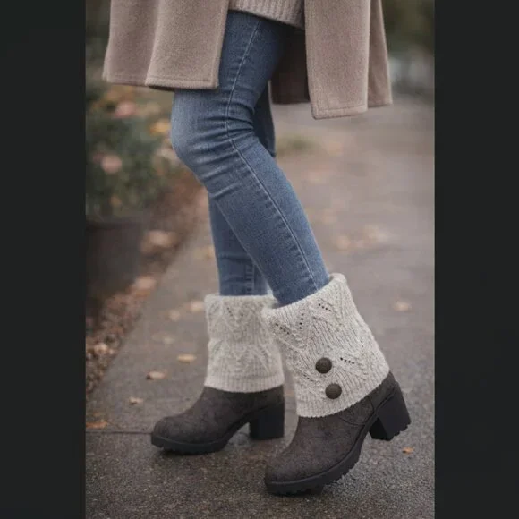 Muk Luks Knit Cuff Buttoned Ankle Boots in Cream and Black - Picture 1 of 7